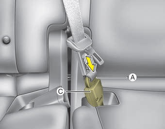 Kia Carnival: Seat belt restraint system Kia Carnival: Seat belt restraint system. 3. Insert the mini tongue (A) into the open end of the anchor connector (C) until