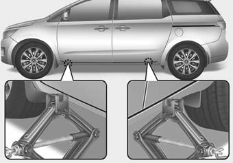 Kia Carnival: Changing tires Kia Carnival: Changing tires. 7.Place the jack at the front (1) or rear (2) jacking position closest to the