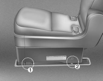 Kia Carnival: Rear seat adjustment Kia Carnival: Rear seat adjustment. If the rear catches of the seat are locked into the rear anchors (2) while the