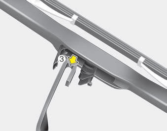 Kia Carnival: Blade replacement Kia Carnival: Blade replacement. 4. Push down the wiper arm (3) and install the new blade assembly in the reverse
