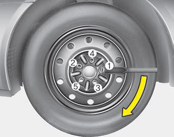 Kia Carnival: Changing tires Kia Carnival: Changing tires. Then position the wrench as shown in the drawing and tighten the wheel nuts.