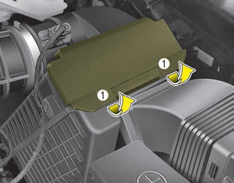 Kia Carnival: Air cleaner Kia Carnival: Air cleaner. 1. Lift up and open the air cleaner cover(1).