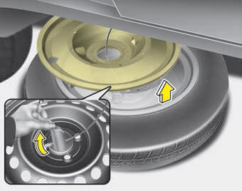 Kia Carnival: Removing the spare tire Kia Carnival: Removing the spare tire. 4. After the spare tire reaches the ground, continue to turn the wrench counterclockwise,